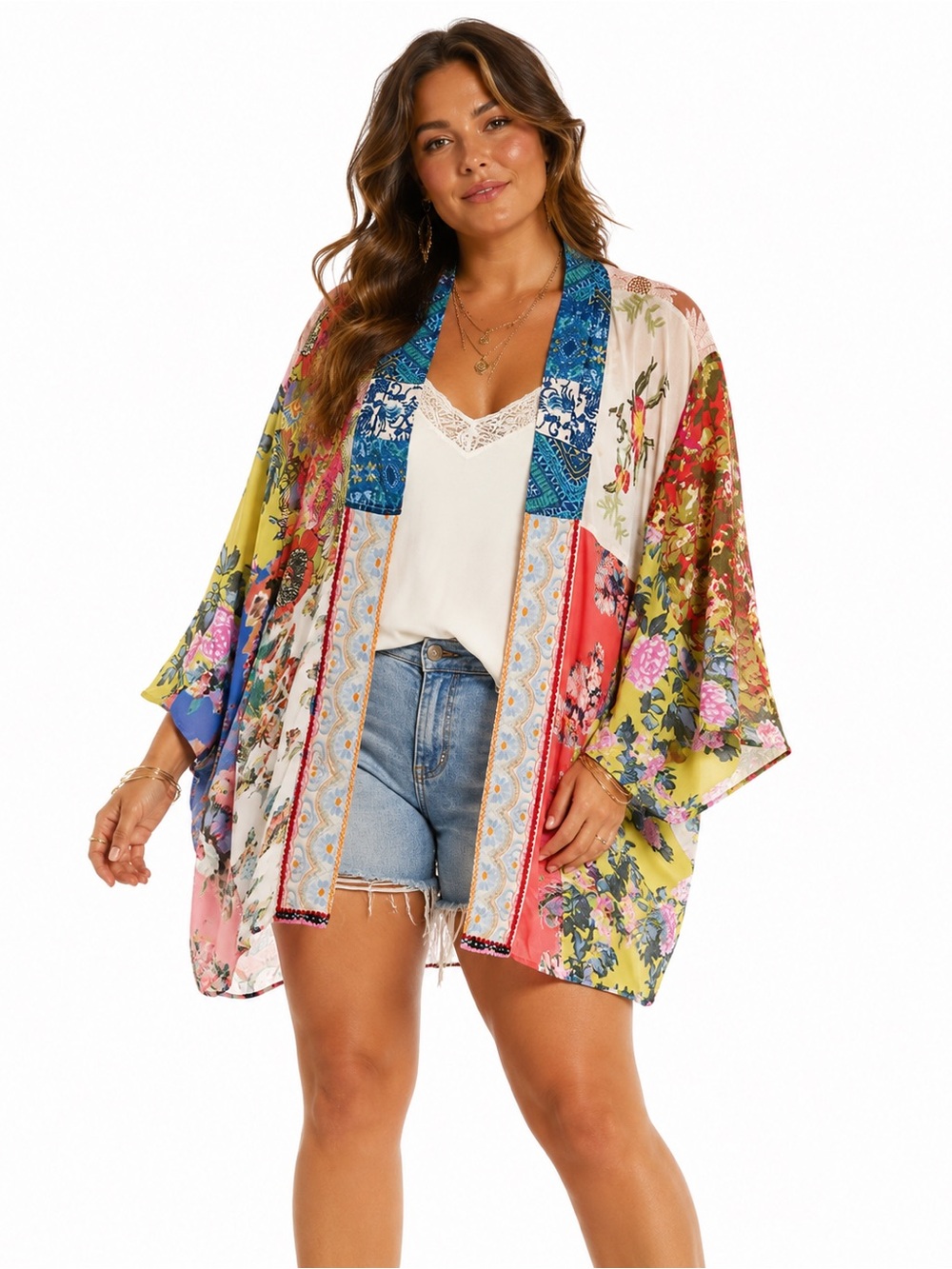 Vincente 2X Patchwork Kimono Floral Boho Embroidered Duster Festival Jacket